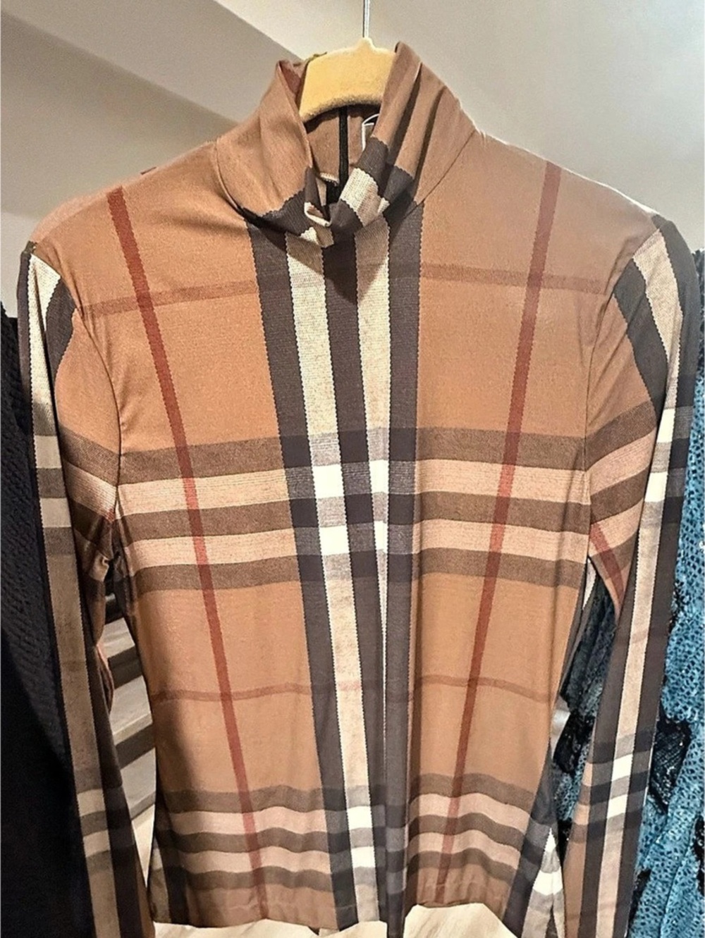 Burberry Vintage Check Stretch Jersey Turtleneck Top